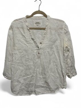Malvin 100% Linen Lightweight White Peasant Top with Button Placket